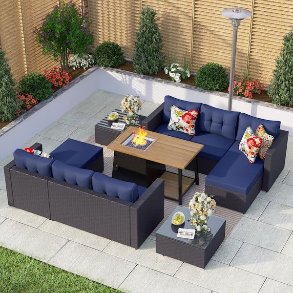 Most Up To Date Phi Villa Black Rattan Wicker 6 Seat 7 Piece Steel Outdoor Fire Pit Patio  Set With Blue Cushions And Rectangular Fire Pit Table Thd7303a2b2101 – The  Home Depot Inside Fire Pit Table Wicker Sectional Sofa Conversation Set (Photo 5 of 15)