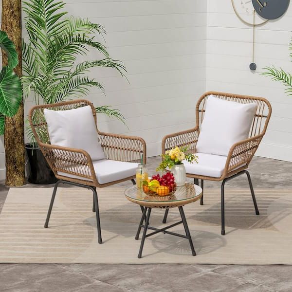 Newest 3 Piece Outdoor Boho Wicker Chat Set In Foredawn Boho 3 Piece Handwaven Wicker Patio Conversation Set With Round  Table And Off White Cushion Pcs013082 – The Home Depot (View 7 of 15)