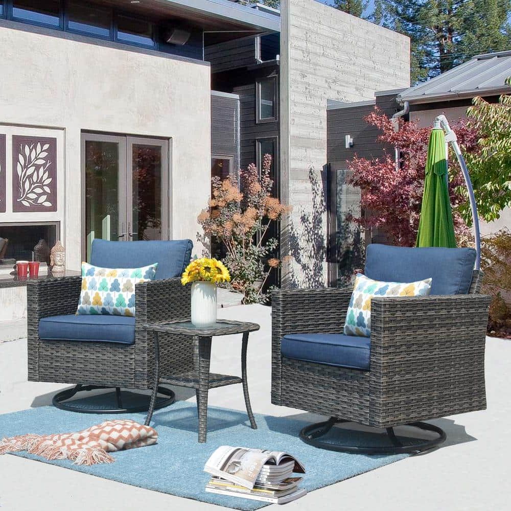 Newest 3 Pieces Outdoor Patio Swivel Rocker Set Intended For Xizzi Megon Holly Gray 3 Piece Wicker Patio Conversation Seating Sofa Set  With Denim Blue Cushions And Swivel Rocking Chairs Grs303dbrk – The Home  Depot (View 13 of 15)