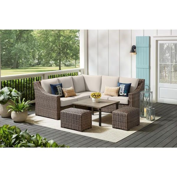 Newest All Weather Wicker Outdoor Cuddle Chair And Ottoman Set For Hampton Bay Rock Cliff 6 Piece Brown Wicker Outdoor Patio Sectional Sofa Set  With Ottoman And Cushionguard Almond Tan Cushions Frs81094b Stab – The Home  Depot (Photo 13 of 15)