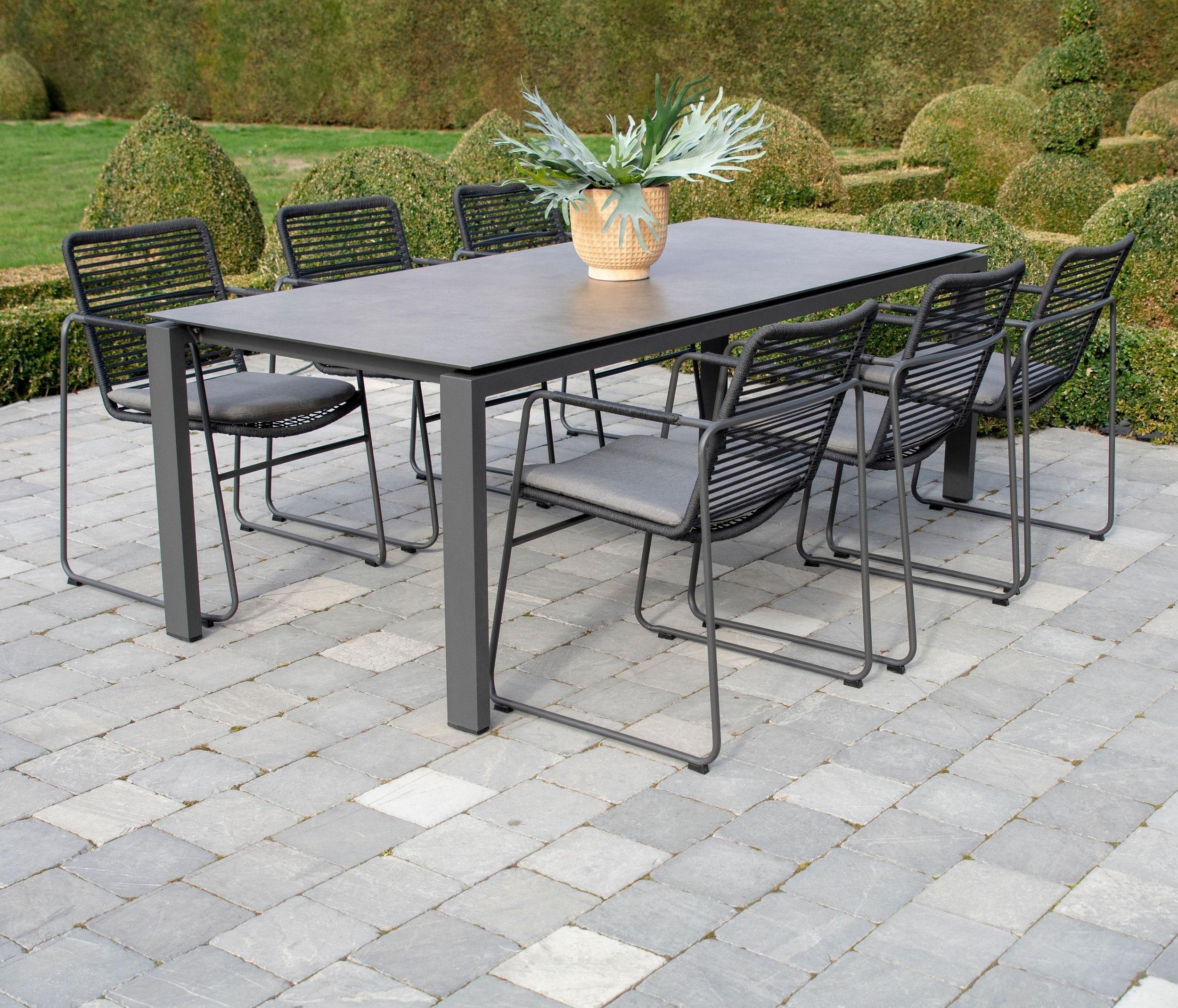 Newest Contemporary Hpl Rectangle Garden Dining Table With 6 Slimline Rope Weave  Modern Dining Chairs (View 3 of 15)