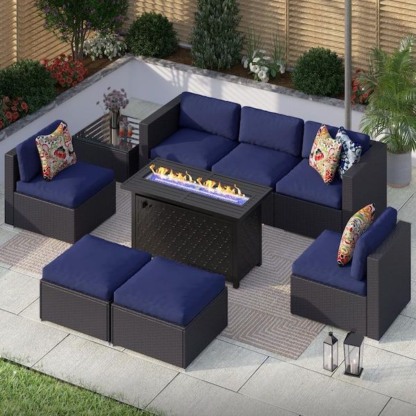 Newest Fire Pit Table Wicker Sectional Sofa Set For Phi Villa Black Rattan Wicker 7 Seat 9 Piece Steel Outdoor Fire Pit Patio  Set With Blue Cushions And Rectangular Fire Pit Table Thd9 39404546 7 – The  Home Depot (View 5 of 15)