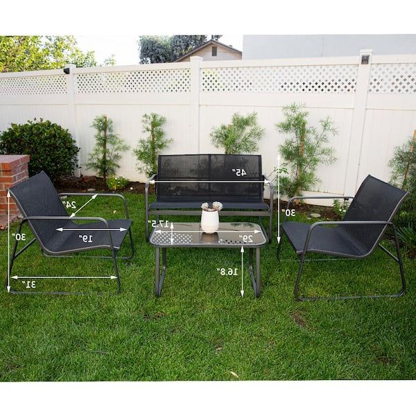 Newest Textilene Bistro Set Modern Conversation Set Within Barton 4 Piece Black Outdoor Textilene Patio Set Seating Conversation Sets  With Glass Table Black 93522 – The Home Depot (View 14 of 15)