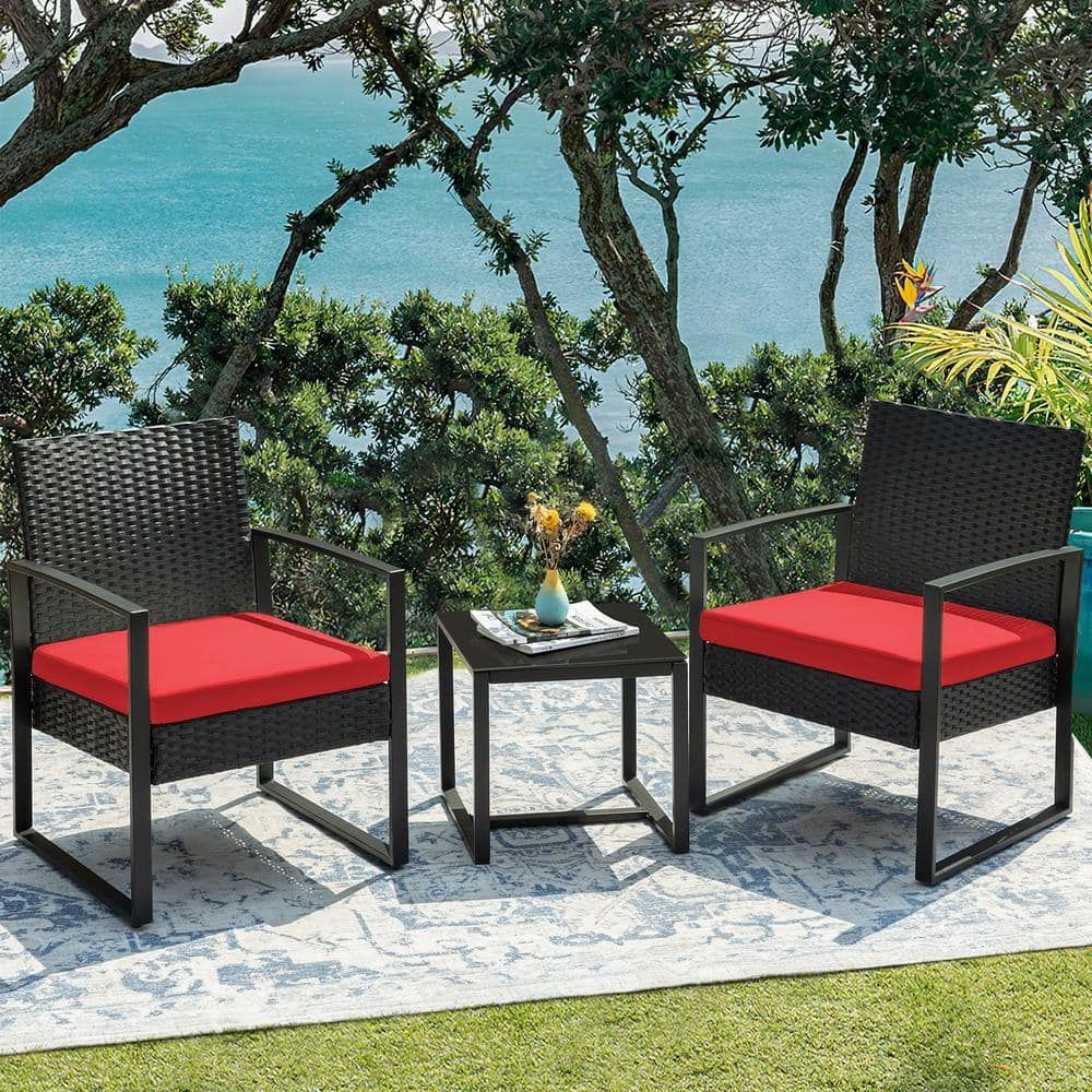 Newest Tozey Black 3 Piece Patio Sets Steel Outdoor Wicker Patio Furniture Sets  Outdoor Bistro Set With Red Cushion T Lcrc813s10 – The Home Depot Inside Outdoor Wicker 3 Piece Set (View 9 of 15)