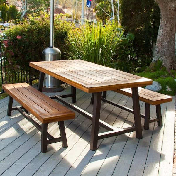 Noble House Carlisle Rustic Metal 3 Piece Wood Rectangular Outdoor Dining  Set 2792 – The Home Depot Regarding Most Recently Released Outdoor Terrace Bench Wood Furniture Set (Photo 10 of 15)