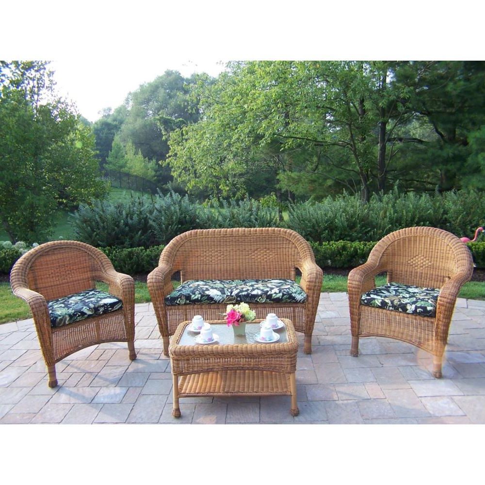 Oakland Living Resin Wicker 4 Piece Woven Patio Conversation Set With Brown  Cushions In The Patio Conversation Sets Department At Lowes Within 2020 4 Piece Outdoor Wicker Seating Set In Brown (View 5 of 15)