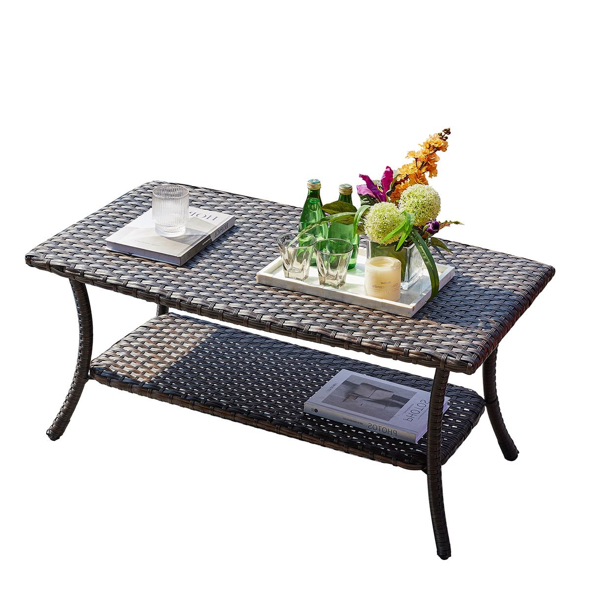 Outdoor 2 Tiers Storage Metal Coffee Tables Regarding Well Liked Parkwell Outdoor Wicker Rectangular Coffee Table With 2 Tier Storage Shelf  And Wicker Table Top, Metal Frame – Walmart (Photo 7 of 15)