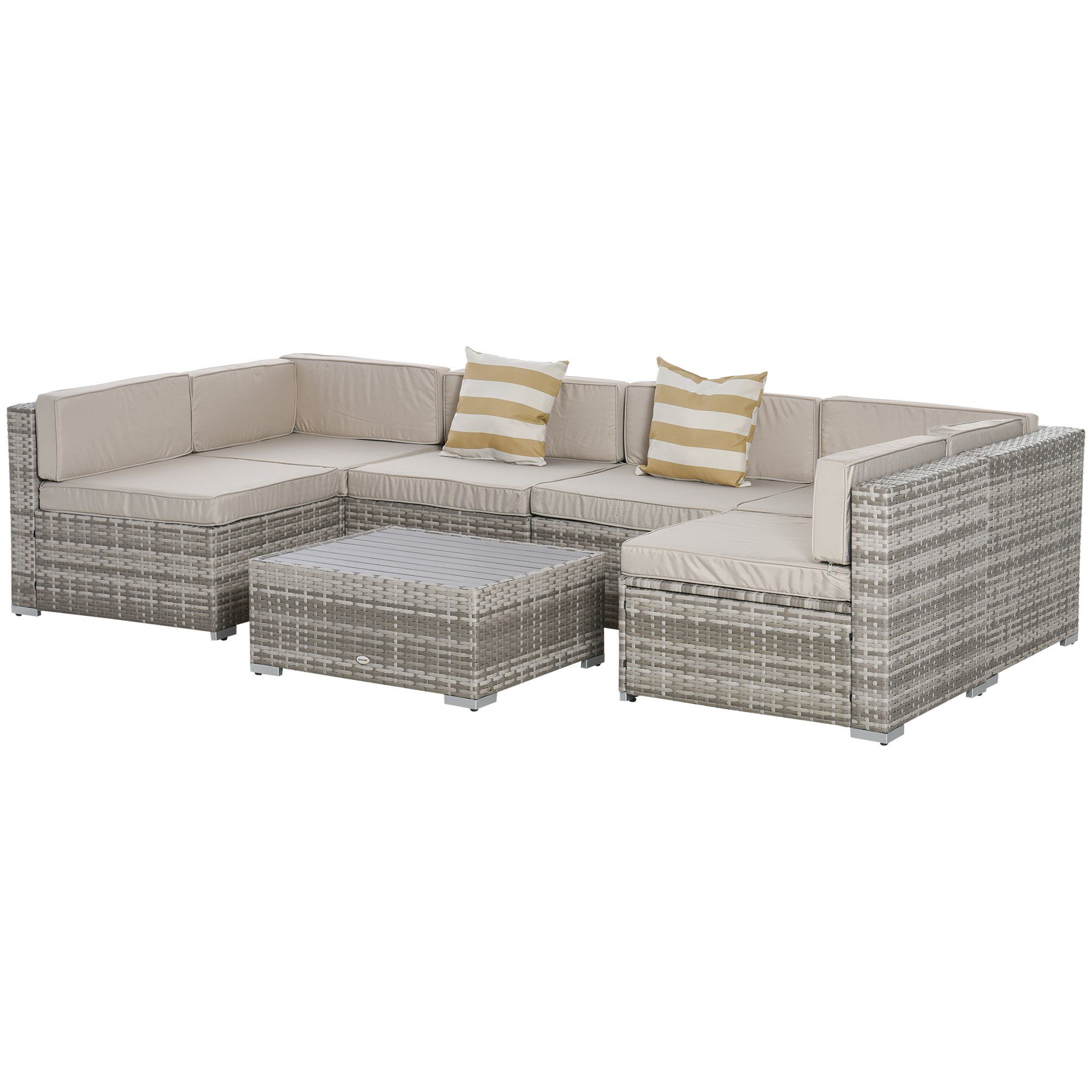 Outdoor Couch Cushions, Throw Pillows And Slat Coffee Table In Favorite Outsunny 7 Piece Outdoor Patio Set Outdoor Wicker Patio Sofa Set Modern  Rattan Conversation Furniture Set With Cushions Pillows And Tea Table Beige  Low Back Chair Sectional (Photo 5 of 15)