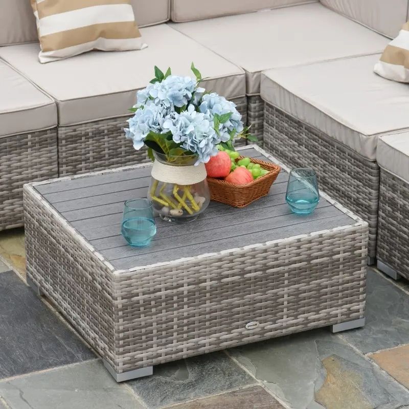 Outdoor Couch Cushions, Throw Pillows And Slat Coffee Table Regarding Most Recently Released Outsunny 7 Piece Outdoor Patio Set Outdoor Wicker Patio Sofa Set Modern  Rattan Conversation Furniture Set With Cushions Pillows And Tea Table Beige  Low Back Chair Sectional (View 7 of 15)