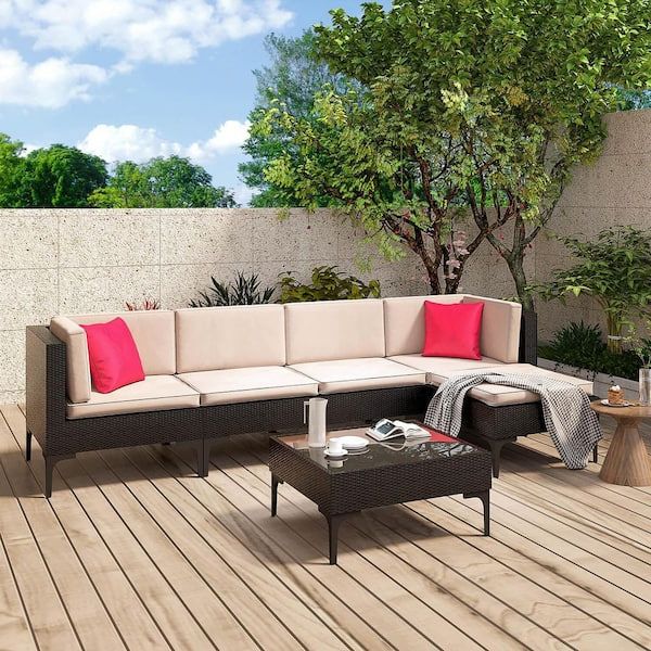 Outdoor Couch Cushions, Throw Pillows And Slat Coffee Table Throughout Recent Patiowell 6 Pieces Patio Furniture Set Wicker Outdoor Sectional Sofa With  Beige Cushions Andpillows, And Glass Top Coffee Table Palcrf2ac1ot0m Bg –  The Home Depot (Photo 8 of 15)