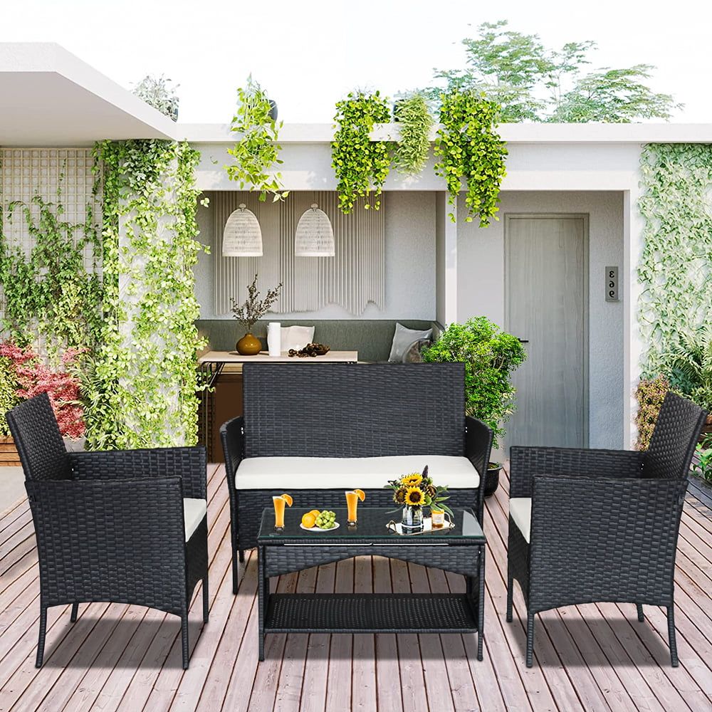 Outdoor Cushioned Chair Loveseat Tables For Latest Wicker Patio Sets On Clearance, 4 Piece Outdoor Conversation Set With Glass  Dining Table, Loveseat & Cushioned Wicker Chairs, Modern Rattan Patio  Furniture Sets For Yard, Porch, Garden, Pool, L4619 – Walmart (Photo 13 of 15)