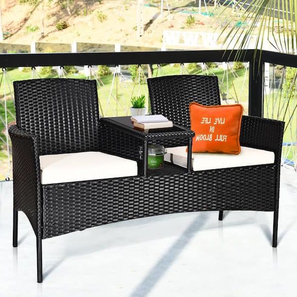 Outdoor Cushioned Chair Loveseat Tables Regarding 2020 Costway 1 Piece Patio Rattan Loveseat Table Chairs Chat Set Seat Sofa  Conversation Set With White Cushions Op3422 – The Home Depot (View 2 of 15)