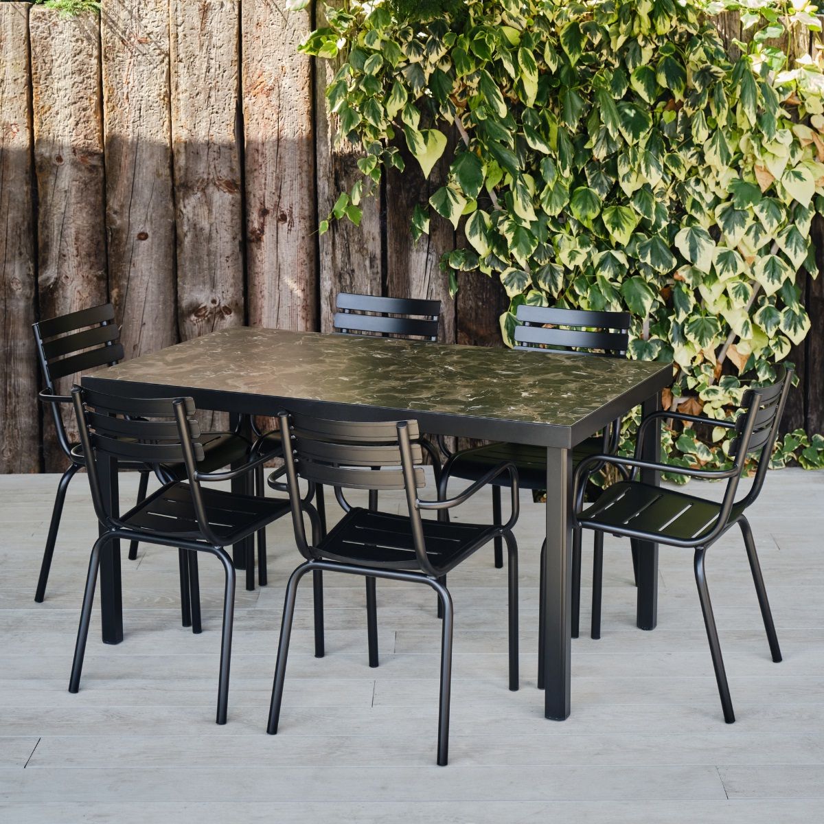 Outdoor Furniture Metal Rectangular Tables Pertaining To Latest Black Rectangular Metal & Marble Effect Table & 6 Chairs – Camden Range –  Woodberry (View 4 of 15)
