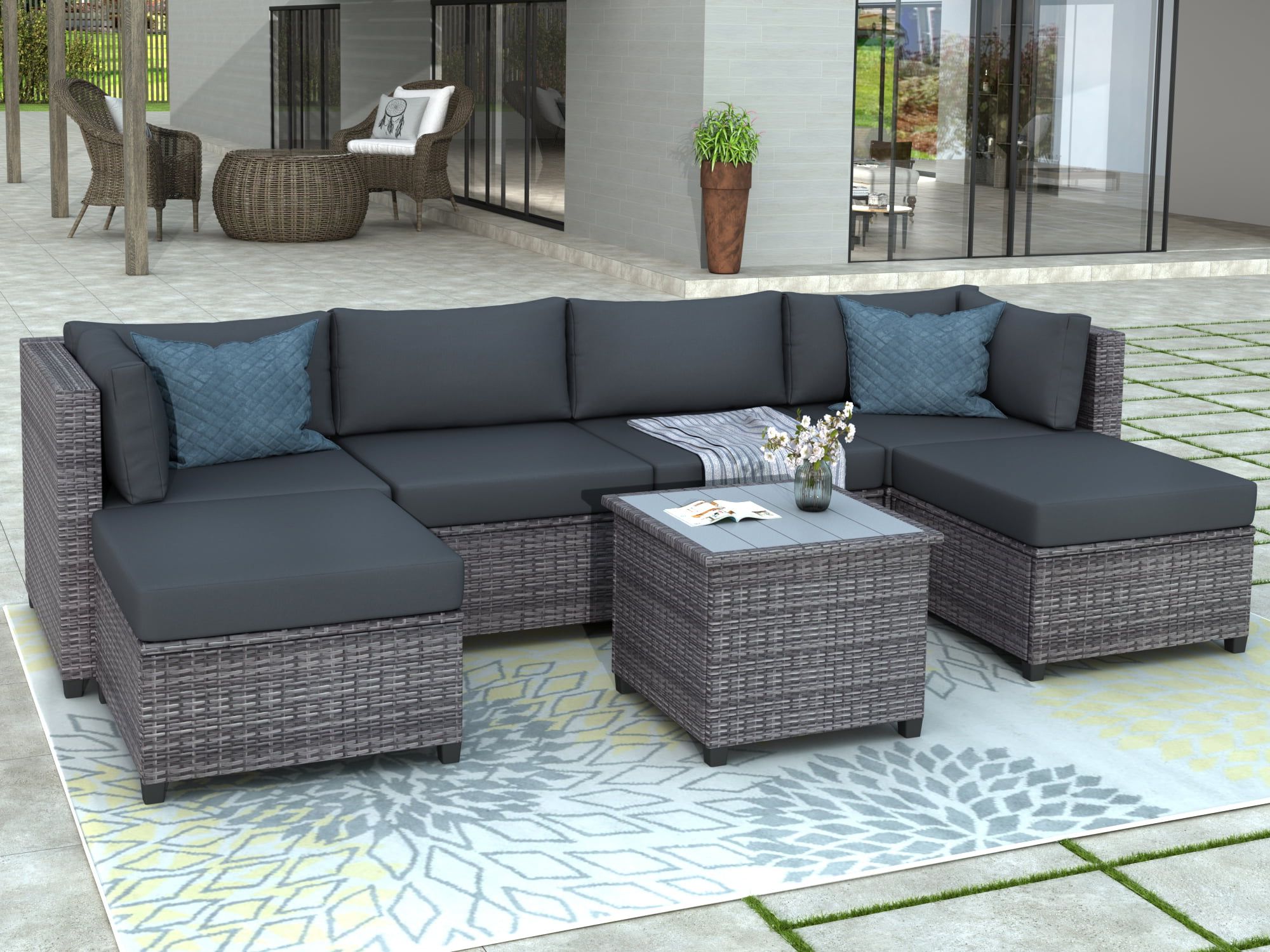 Outdoor Rattan Sectional Sofas With Coffee Table Throughout Most Popular 7 Piece Patio Sectional Sofa Set With 4 Rattan Wicker Chairs, 2 Ottoman, Coffee  Table, All Weather Outdoor Conversation Set With Gray Cushions For  Backyard, Porch, Garden, Poolside, L5018 – Walmart (Photo 2 of 15)