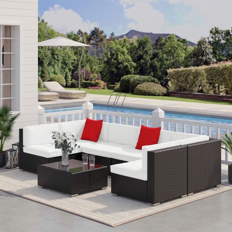 Outsunny 7 Piece Patio Furniture Set,outdoor Rattan Sectional Sofa With  White Cushions (View 9 of 15)