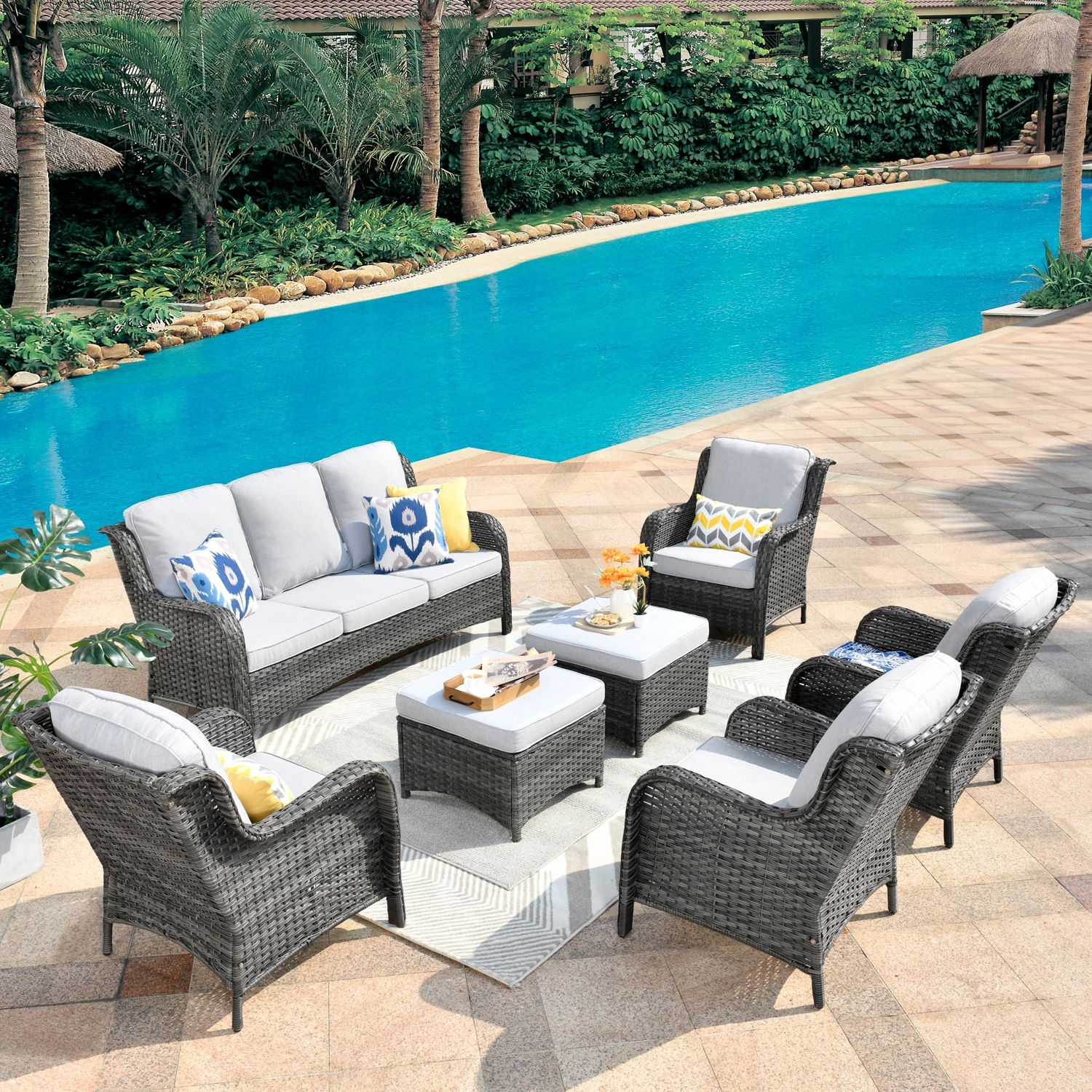 Ovios 7 Piece Patio Furniture Sets Rattan Wicker Chair Sectional Sofa Deep  Seating Conversation Set With Cushions (grey Wicker,grey Cushions) In The  Patio Sectionals & Sofas Department At Lowes Intended For Preferred Patio Rattan Wicker Furniture (Photo 15 of 15)