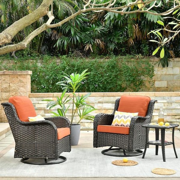 Ovios Joyoung Brown 3 Piece Wicker Swivel Outdoor Patio Conversation  Seating Set With Orange Red Cushions Yjntc803r – The Home Depot Intended For Preferred Outdoor Wicker 3 Piece Set (View 5 of 15)