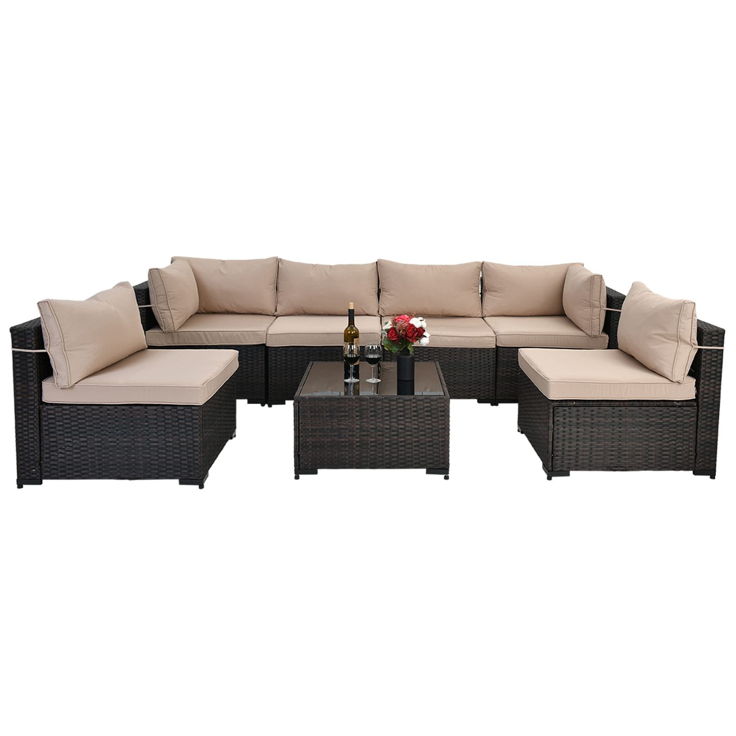 Patio Conversation Set 7 Piece Rattan Patio Conversation Set With Off White  Cushions In The Patio Conversation Sets Department At Lowes Throughout Most Popular 7 Piece Rattan Sectional Sofa Set (View 12 of 15)
