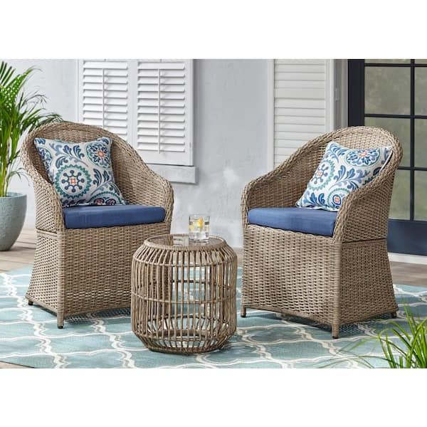 Patio Furniture Wicker Outdoor Bistro Set Inside Favorite Stylewell Florence 3 Piece Wicker Outdoor Patio Bistro Set With Blue  Cushions 65 Mh313 – The Home Depot (Photo 2 of 15)