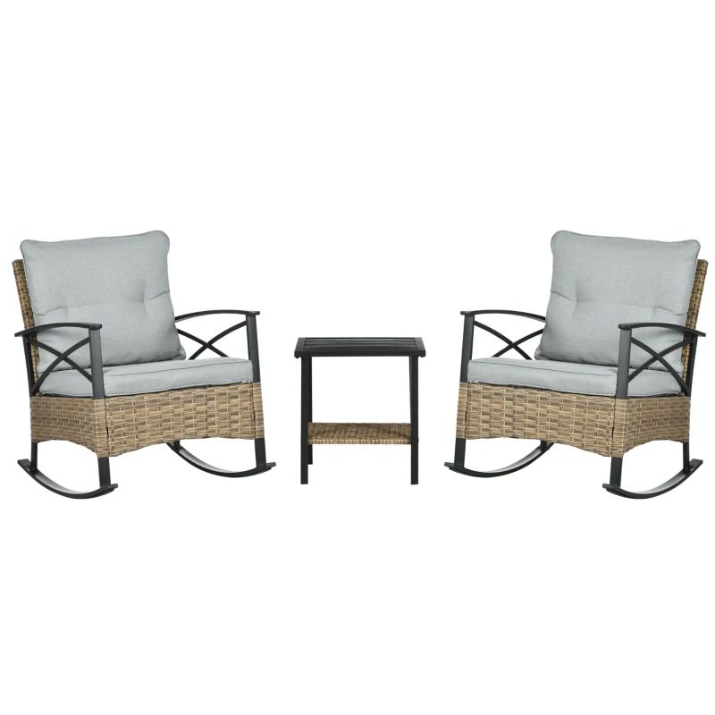 Patio Furniture Wicker Outdoor Bistro Set Pertaining To Well Known Outsunny 3 Piece Rocking Wicker Bistro Set, Outdoor Patio Furniture Set  With Two Porch Rocker Chairs, Cushions, Two Tier Coffee Table For Garden,  Backyard, Light Gray (View 12 of 15)