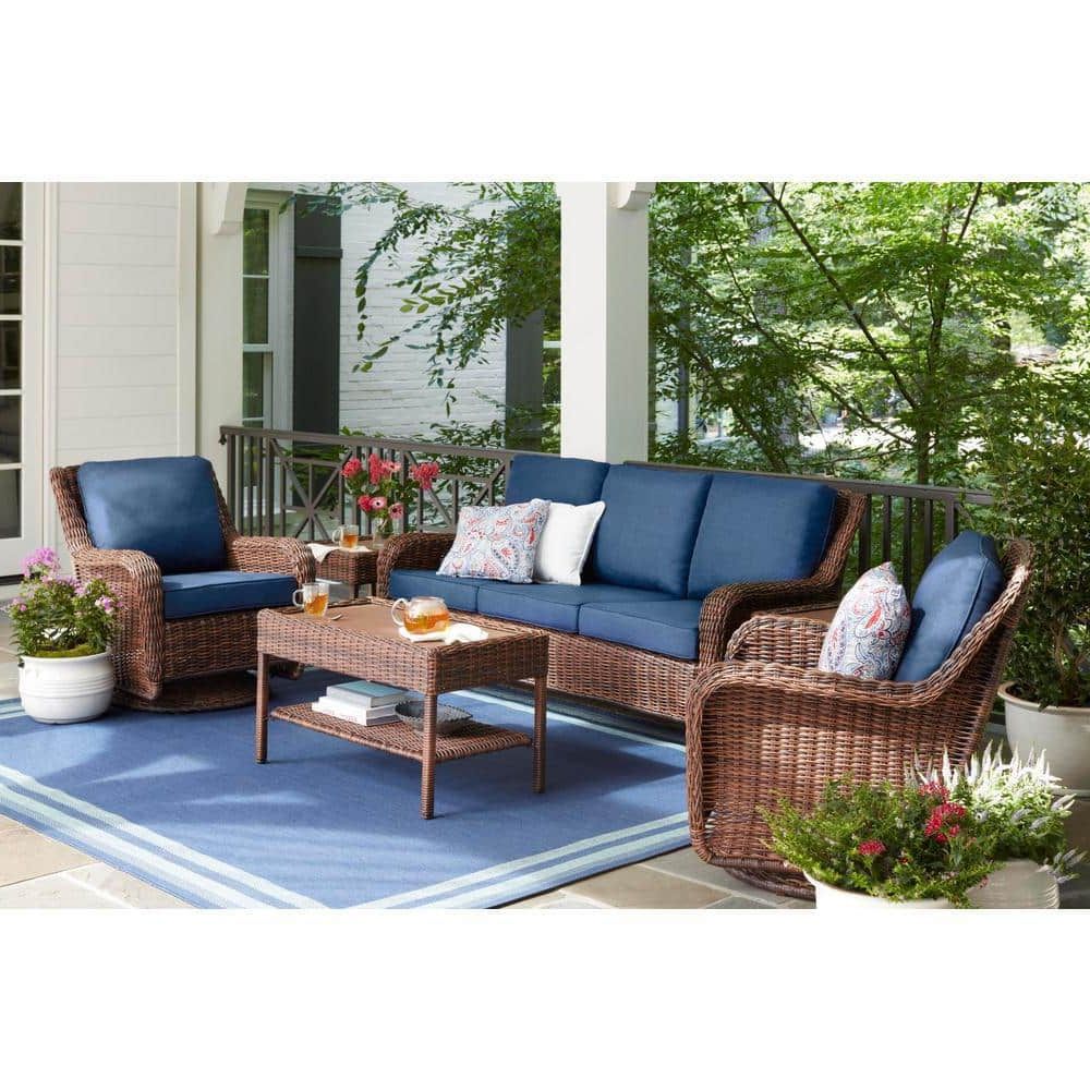 Popular 4 Piece Outdoor Wicker Seating Set In Brown Inside Hampton Bay Cambridge Brown 4 Piece Wicker Patio Conversation Set With Blue  Cushions 65 17148b 4 – The Home Depot (Photo 7 of 15)