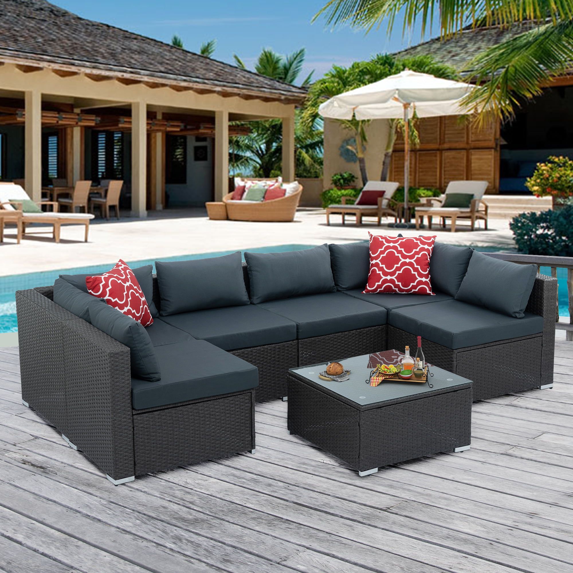 Popular 7 Piece Patio Sectional Sofa Set, Outdoor Conversation Set, All Weather  Wicker Sectional Seating Group With Cushions & Coffee Table, Modern Furniture  Couch Set For Patio Deck Garden Pool, Gray – Walmart Regarding Cushions & Coffee Table Furniture Couch Set (View 3 of 15)