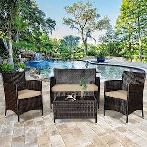 Popular Cushioned Chair Loveseat Tables Intended For Gymax 4 Pieces Rattan Patio Outdoor Furniture Set With Beige Cushioned  Chair Loveseat Table Gymhd0019 – The Home Depot (Photo 2 of 15)