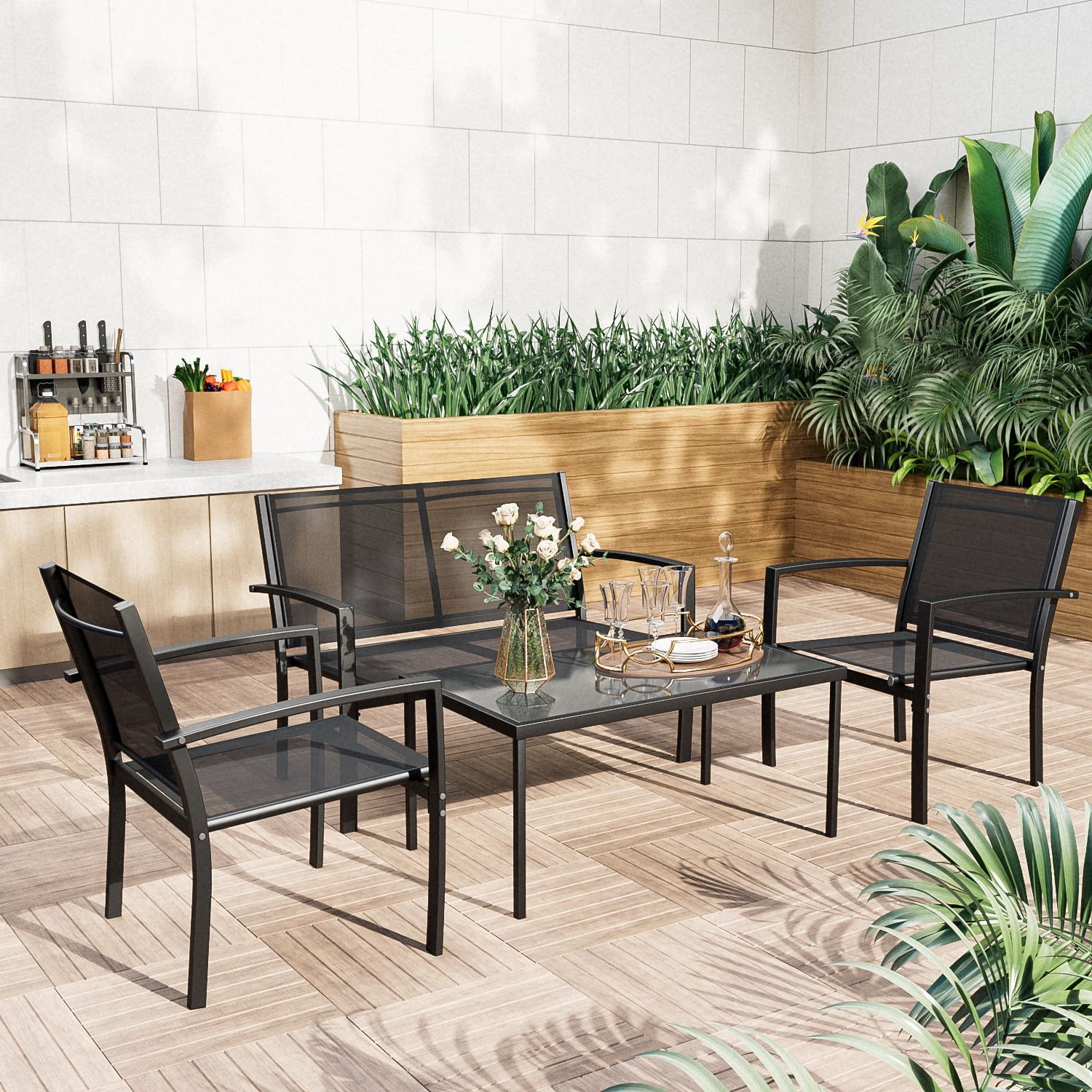Popular Lacoo 4 Pieces Patio Indoor Furniture Outdoor Patio Furniture Set Textilene  Bistro Set Modern Conversation Set Black Bistro Set With Loveseat Tea Table  For Home, Lawn And Balcony, Black – Walmart Inside Loveseat Tea Table For Balcony (Photo 1 of 15)