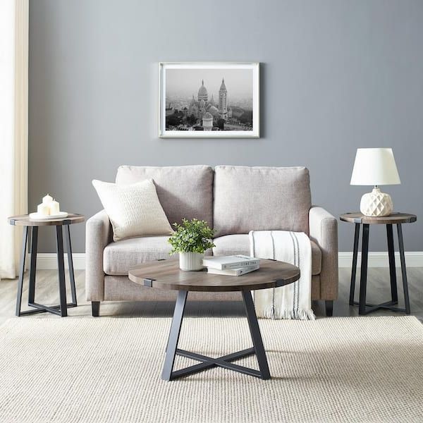 Popular Walker Edison Furniture Company 3 Piece Grey Wash Wood And Metal Wrap  Industrial Coffee And Side Table Set Hd9029 – The Home Depot With 3 Piece Sofa & Nesting Table Set (Photo 13 of 15)