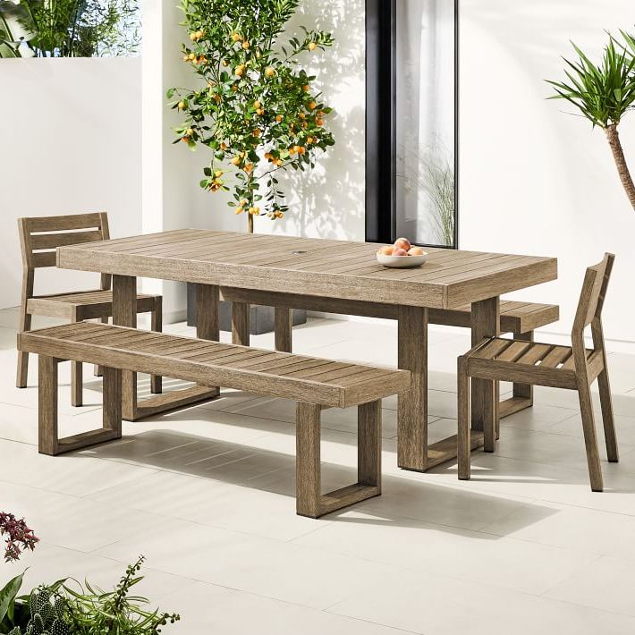 Portside Outdoor Dining Table (76.5"), Benches (66") & Solid Wood Chairs Set (Photo 9 of 15)