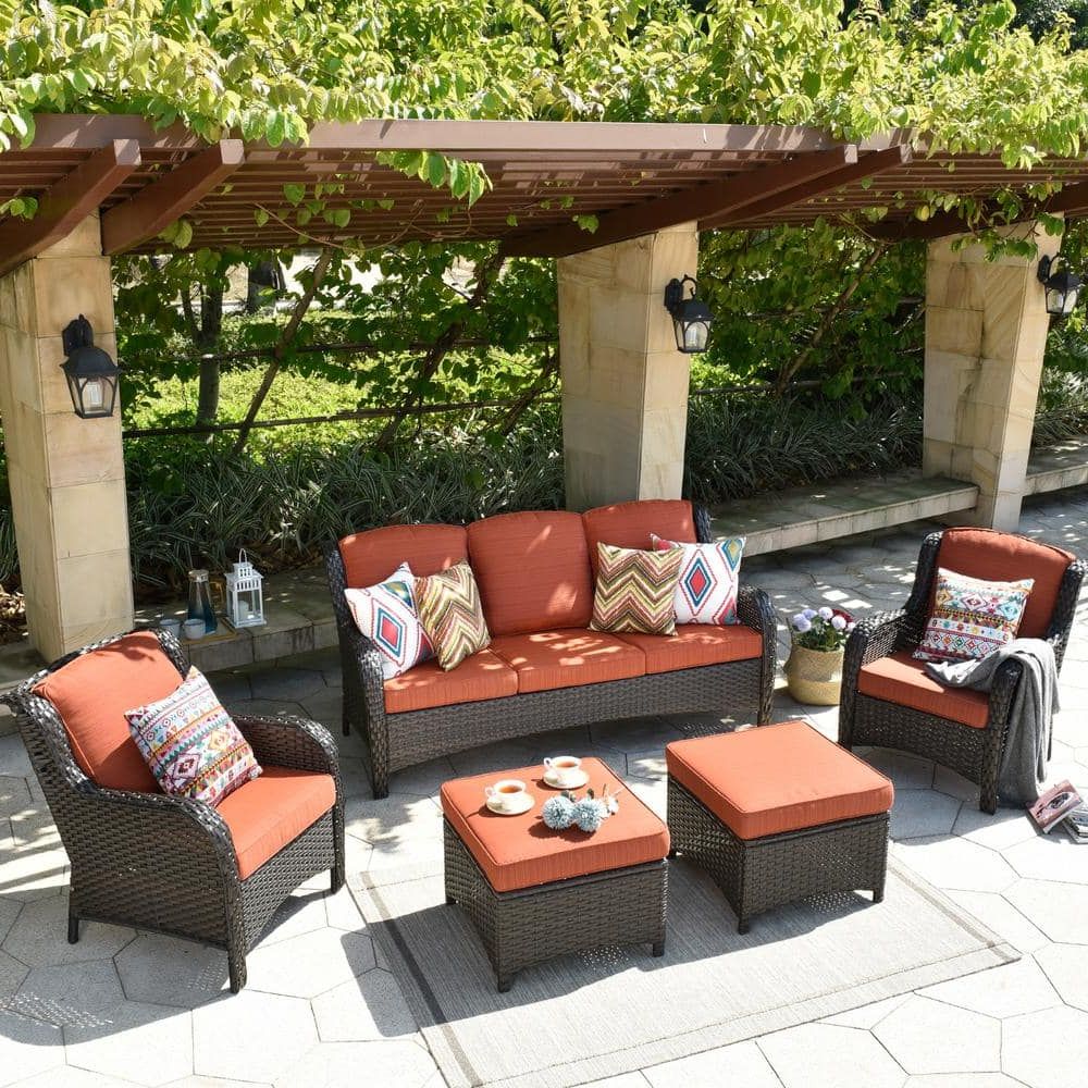 Preferred 5 Piece Patio Furniture Set Regarding Xizzi Erie Lake Brown 5 Piece Wicker Outdoor Patio Conversation Seating Sofa  Set With Orange Red Cushions Ntc805hdre – The Home Depot (Photo 2 of 15)