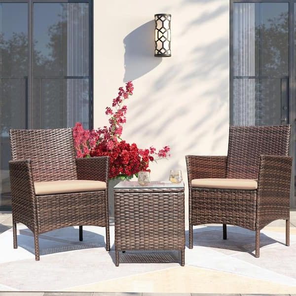 Preferred All Weather Rattan Conversation Set Intended For Tozey Brown 3 Pieces Patio Furniture Pe Rattan Outdoor Conversation Set  W/table Backyard Garden Set With Beige Cushion T Lcrf700a – The Home Depot (View 7 of 15)