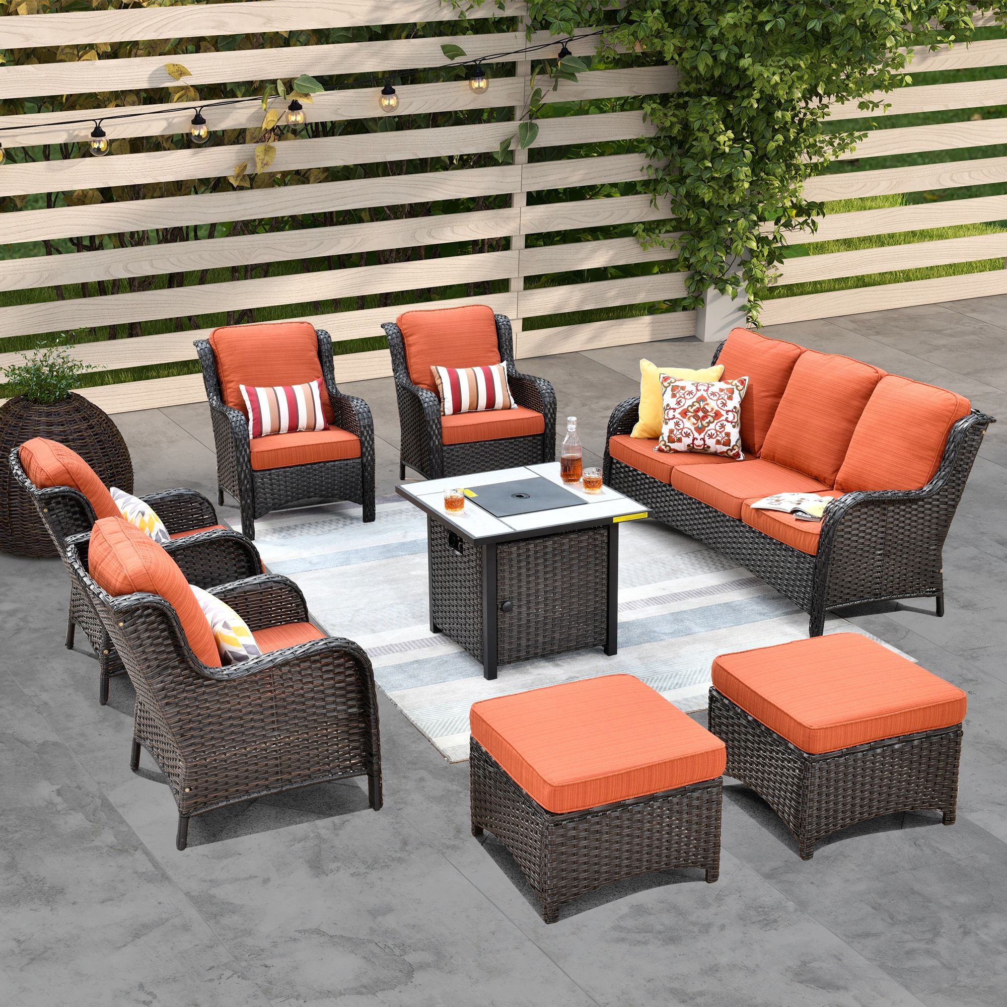 Preferred Fire Pit Table Wicker Sectional Sofa Conversation Set For Ovios 8 Piece Patio Furniture Sets Rattan Wicker Chair Sectional Sofa Deep  Seating Conversation Set With Gas Fire Pit Table (brown Wicker,orange Red  Cushions) In The Patio Conversation Sets Department At Lowes (Photo 10 of 15)
