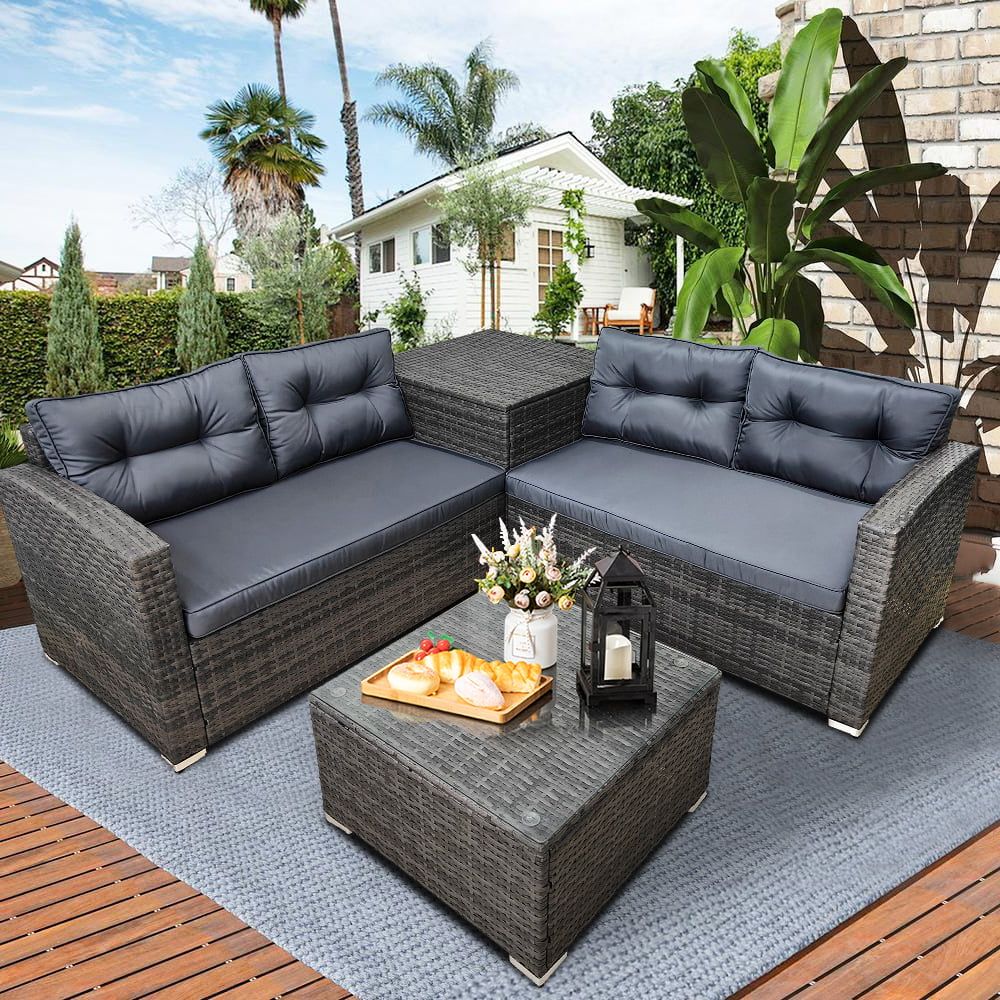 Rattan Patio Sofa Set, 4 Pieces Outdoor Sectional Furniture, All Weather Pe Rattan  Wicker Patio Conversation, Cushioned Sofa Set With Glass Table & Storage  Box For Patio Garden Poolside Deck – Walmart For 2020 All Weather Rattan Conversation Set (Photo 1 of 15)