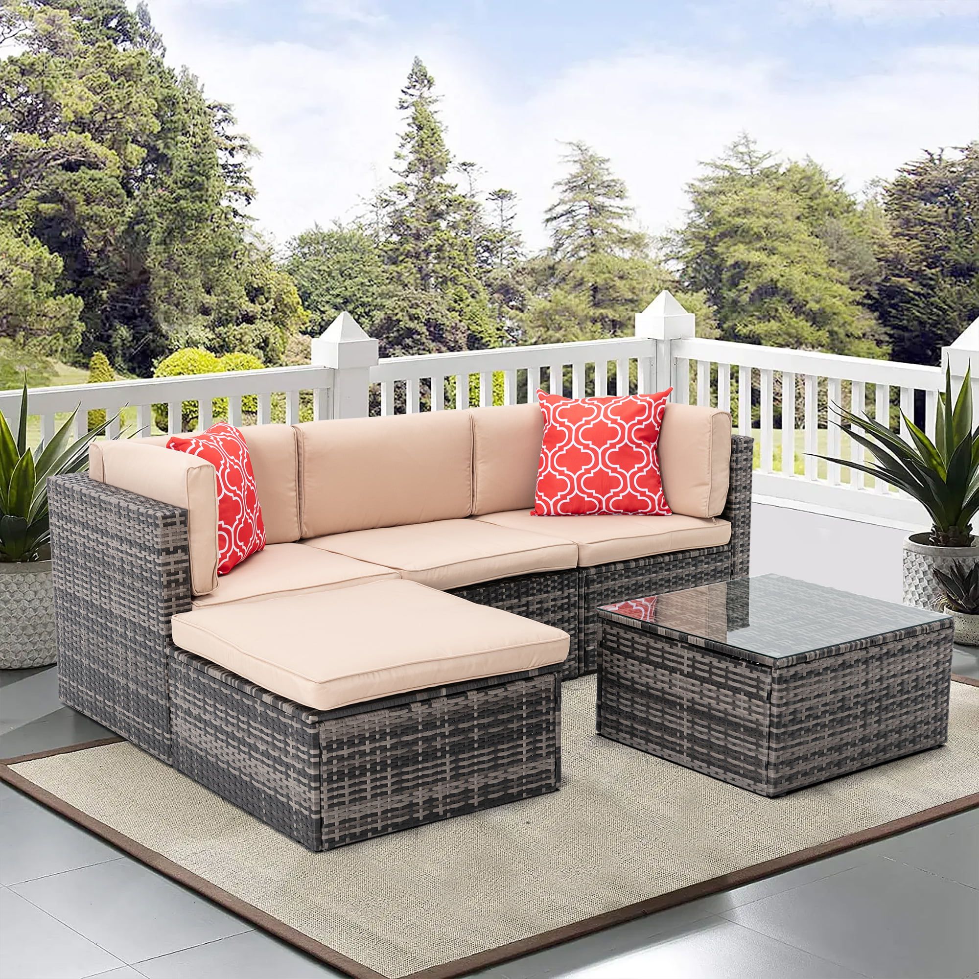 Recent Rattan Patio Sofa Set, 5 Pieces Outdoor Sectional Furniture Set,  All Weather Pe Rattan Wicker Patio Conversation Set, Cushioned Sofa Set  With Glass Table And Pillows For Patio Garden Poolside Deck – Walmart With Furniture Conversation Set Cushioned Sofa Tables (View 7 of 15)