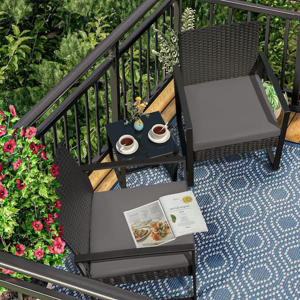 Recent Tozey Black 3 Piece Patio Sets Steel Outdoor Wicker Patio Furniture Sets  Outdoor Bistro Set With Gray Cushion T Lcrc813s40 – The Home Depot With Regard To Balcony And Deck With Soft Cushions (View 15 of 15)
