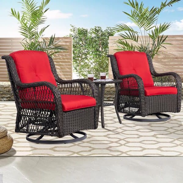 Rocking Chairs Wicker Patio Furniture Set In Most Current Joyside 3 Piece Brown Wicker Outdoor Swivel Rocking Chair Set With Red  Cushions Patio Conversation Set (2 Chair) Bw3s M13 Red – The Home Depot (View 10 of 15)