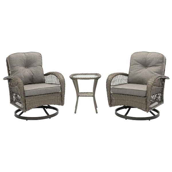 Serga 3 Pieces Wicker Patio Furniture Set Outdoor Patio Swivel Chairs With  Gray Cushions Cuu64040407 – The Home Depot Within Best And Newest 3 Pieces Outdoor Patio Swivel Rocker Set (View 10 of 15)