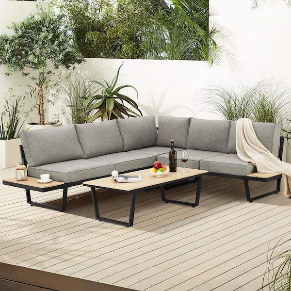 Side Table Iron Frame Patio Furniture Set In Most Recent Erommy 4 Piece Outdoor Conversation Set, All Weather L Shaped Metal Patio  Sectional Sofa Set With Gray Cushion Lyot 007gr – The Home Depot (Photo 4 of 15)