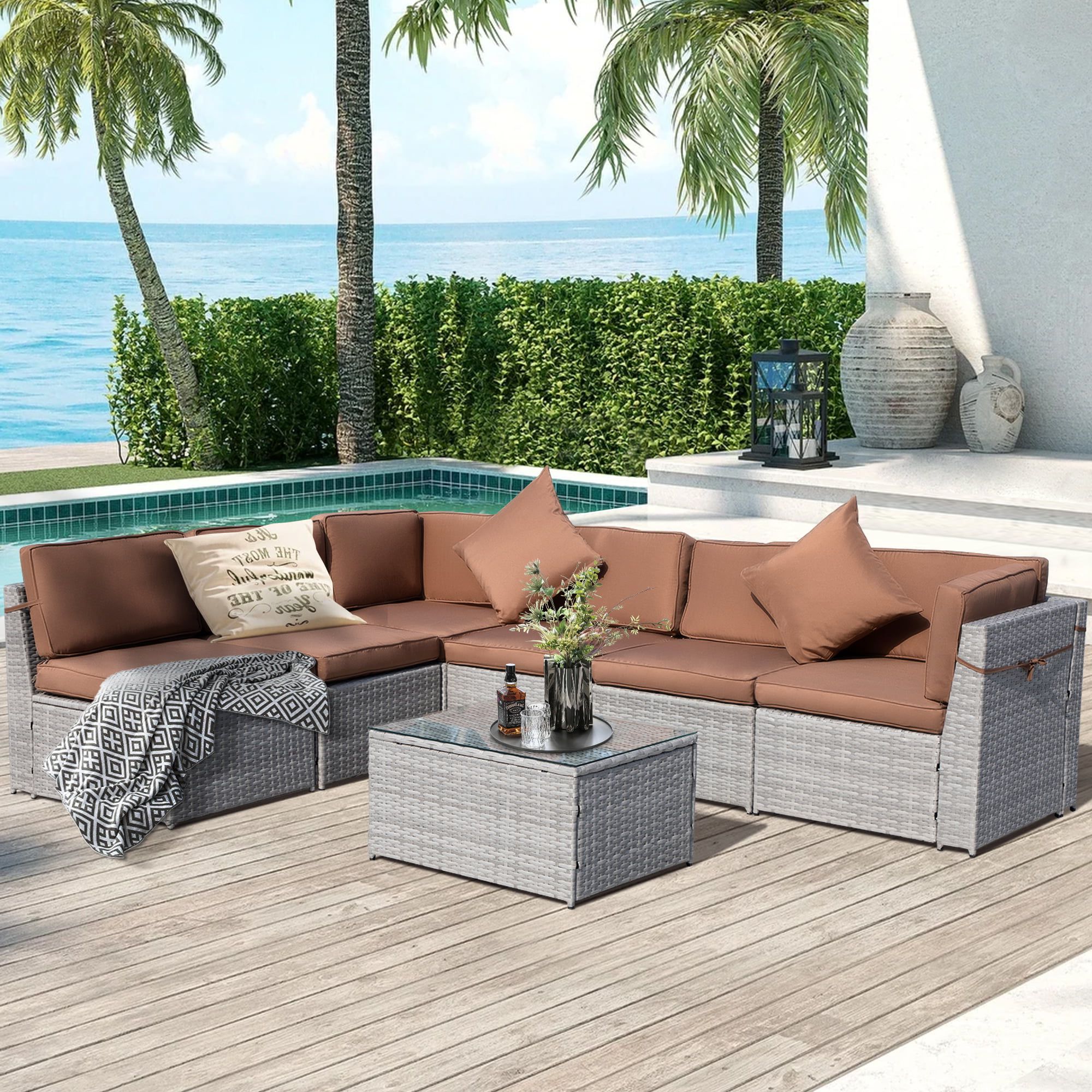 Side Table Iron Frame Patio Furniture Set Regarding Popular Eclife 7 Pieces Rattan Wicker Patio Conversation Set All Weather Outdoor  Lounge Furniture Sectional Sofa Group 330lbs Metal Frame, Soft Cushions And Coffee  Table – Walmart (View 9 of 15)