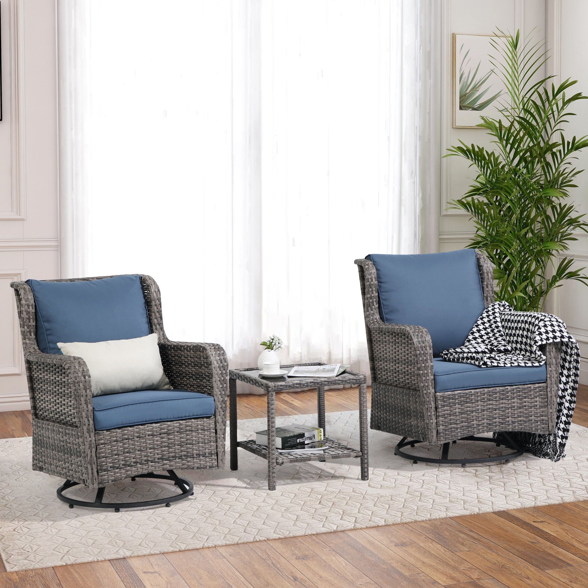 Side Table Iron Frame Patio Furniture Set Regarding Popular Joivi Patio Swivel Rocker Set, Outdoor Wicker Swivel Rocking Chairs With Side  Table, 3 Pieces All Weather Rattan Furniture Bistro Set With Thick  Cushions, Iron Frame, Navy Blue – Walmart (View 2 of 15)