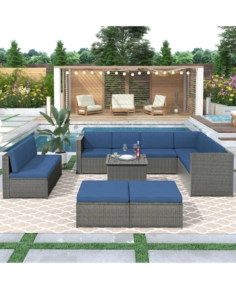 Simplie Fun 9 Piece Rattan Sectional Seating Group With Cushions And Ottoman,  Patio Furniture Sets, Outdoor Wicker Sectional, Grey Rattan+blue Cushions (View 12 of 12)