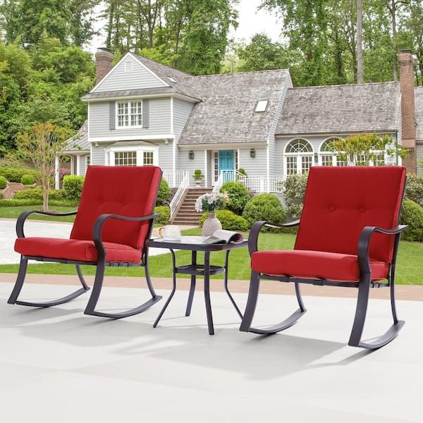 Sonkuki 3 Piece Metal Frame Outdoor Bistro Set 2 Rocking Chairs With Red  Cushions And Tempered Glass Side Table Rosy Ro 01r – The Home Depot Throughout Famous Side Table Iron Frame Patio Furniture Set (View 7 of 15)