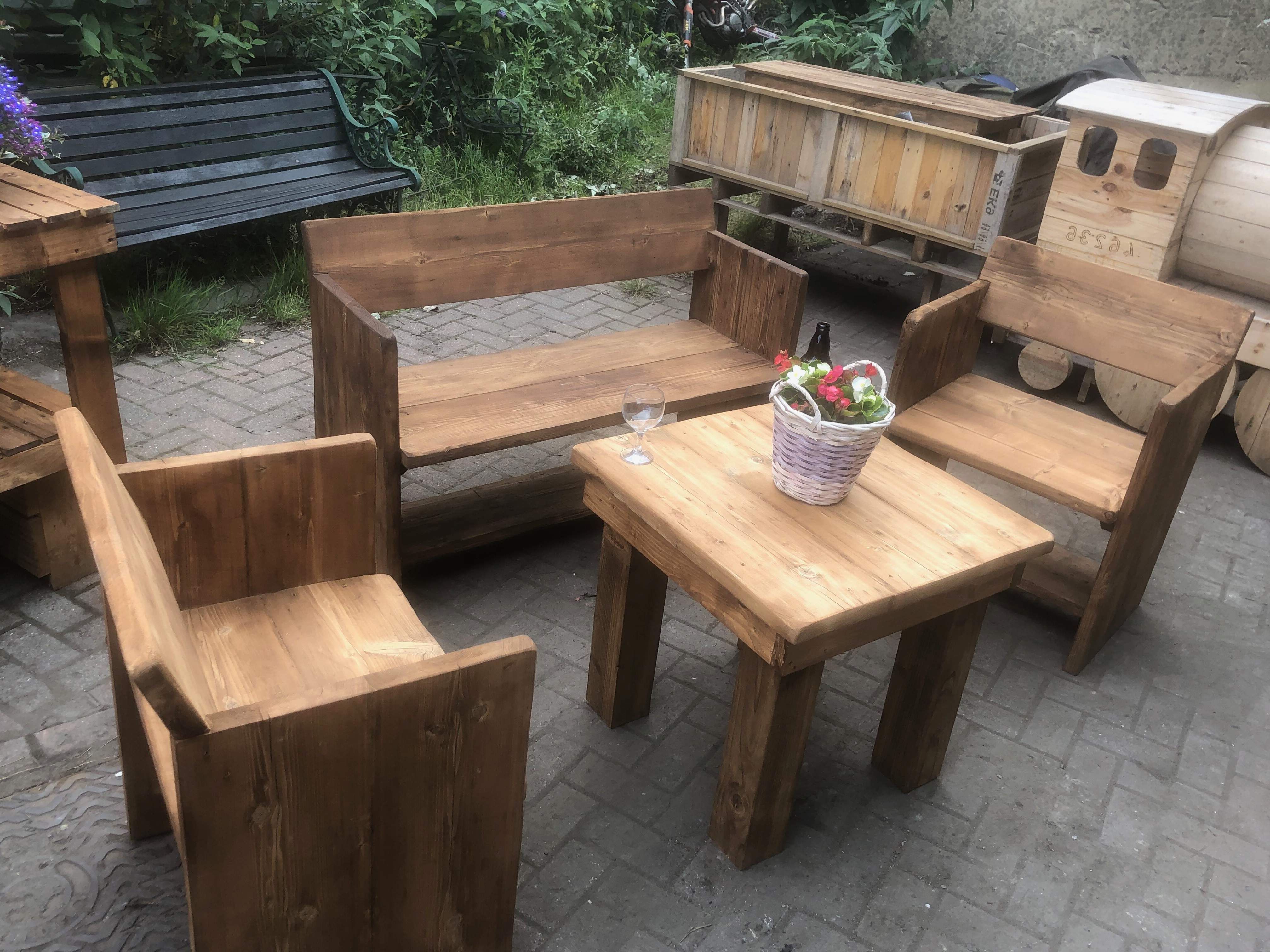 Standard Patio Furniture Set Throughout Well Known Outdoor Terrace Bench Wood Furniture Set (View 3 of 15)