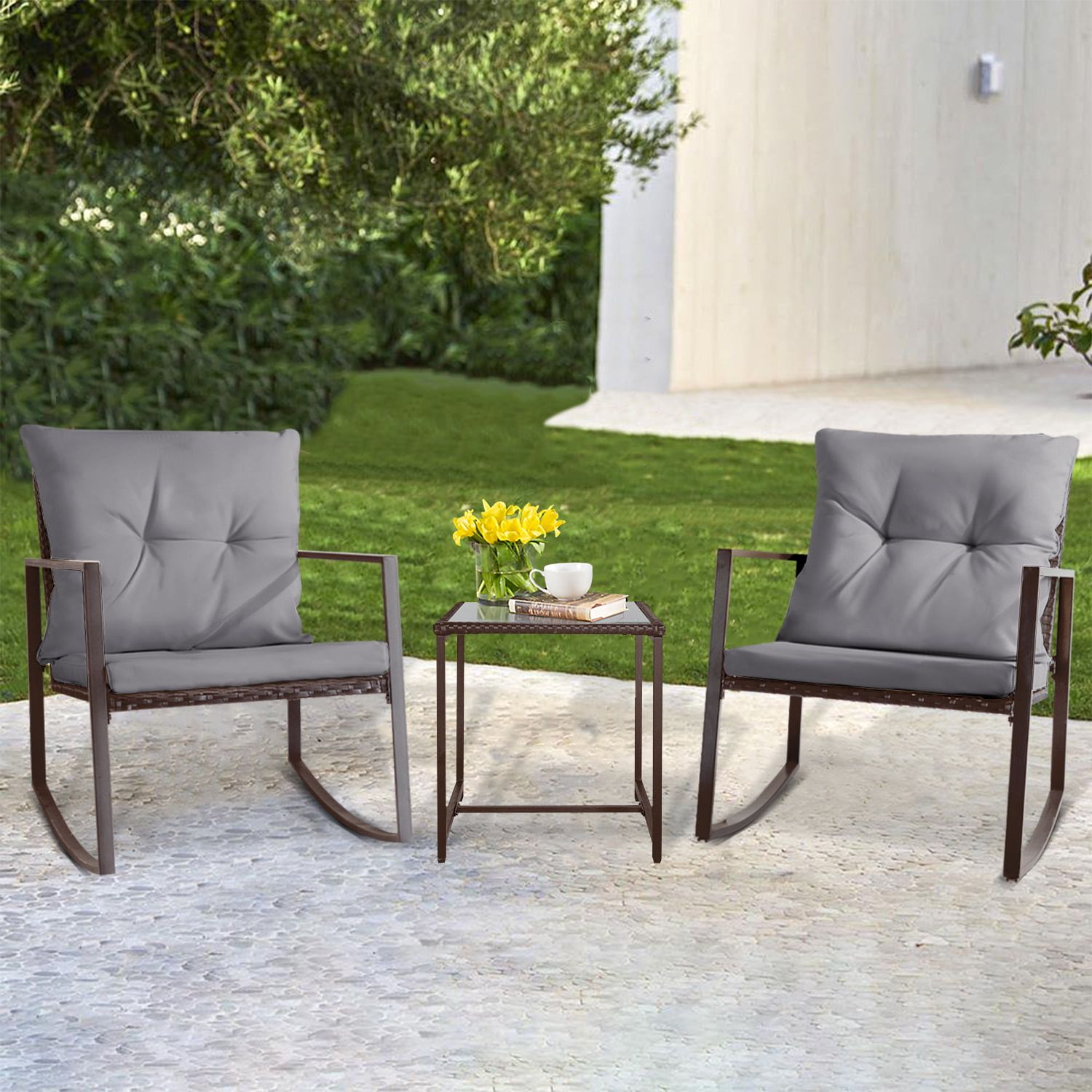 Suncrown Outdoor 3 Piece Rocking Bistro Set, Black Wicker Furniture Two  Chairs With Glass Coffee Table (light Blue Cushion) – Walmart With Recent 3 Piece Cushion Rocking Chair Set (Photo 7 of 15)