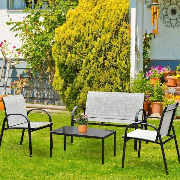 Sunrinx 4 Pieces Metal Frame Patio Conversation Furniture Set With Glass  Top Coffee Table Gary Mg20 27hwjj – The Home Depot Intended For Well Known Side Table Iron Frame Patio Furniture Set (View 10 of 15)