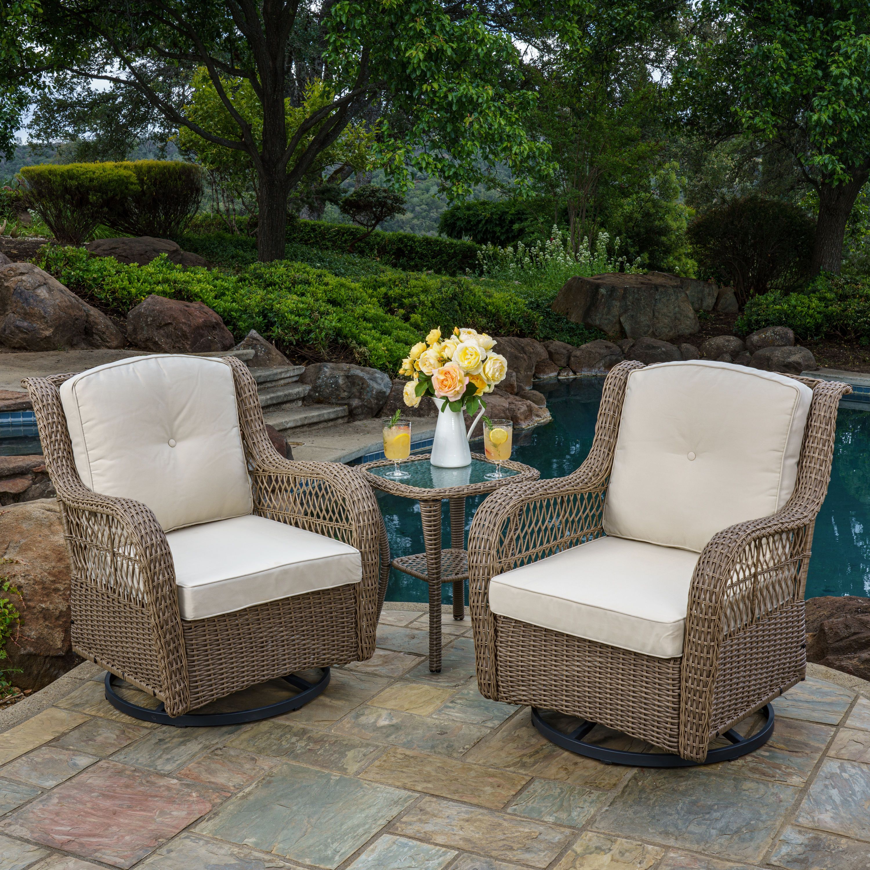 Tortuga Outdoor Rio Vista 3 Piece Wicker Patio Conversation Set With Tan  Cushions In The Patio Conversation Sets Department At Lowes Throughout Recent 3 Pieces Outdoor Patio Swivel Rocker Set (View 9 of 15)