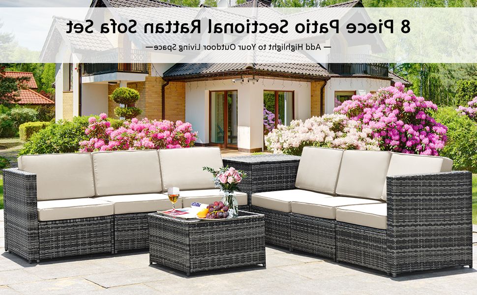 Trendy 8 Piece Patio Rattan Outdoor Furniture Set Pertaining To 8 Pieces Wicker Sofa Rattan Dining Set Patio Furniture With Storage Table –  Costway (View 15 of 15)