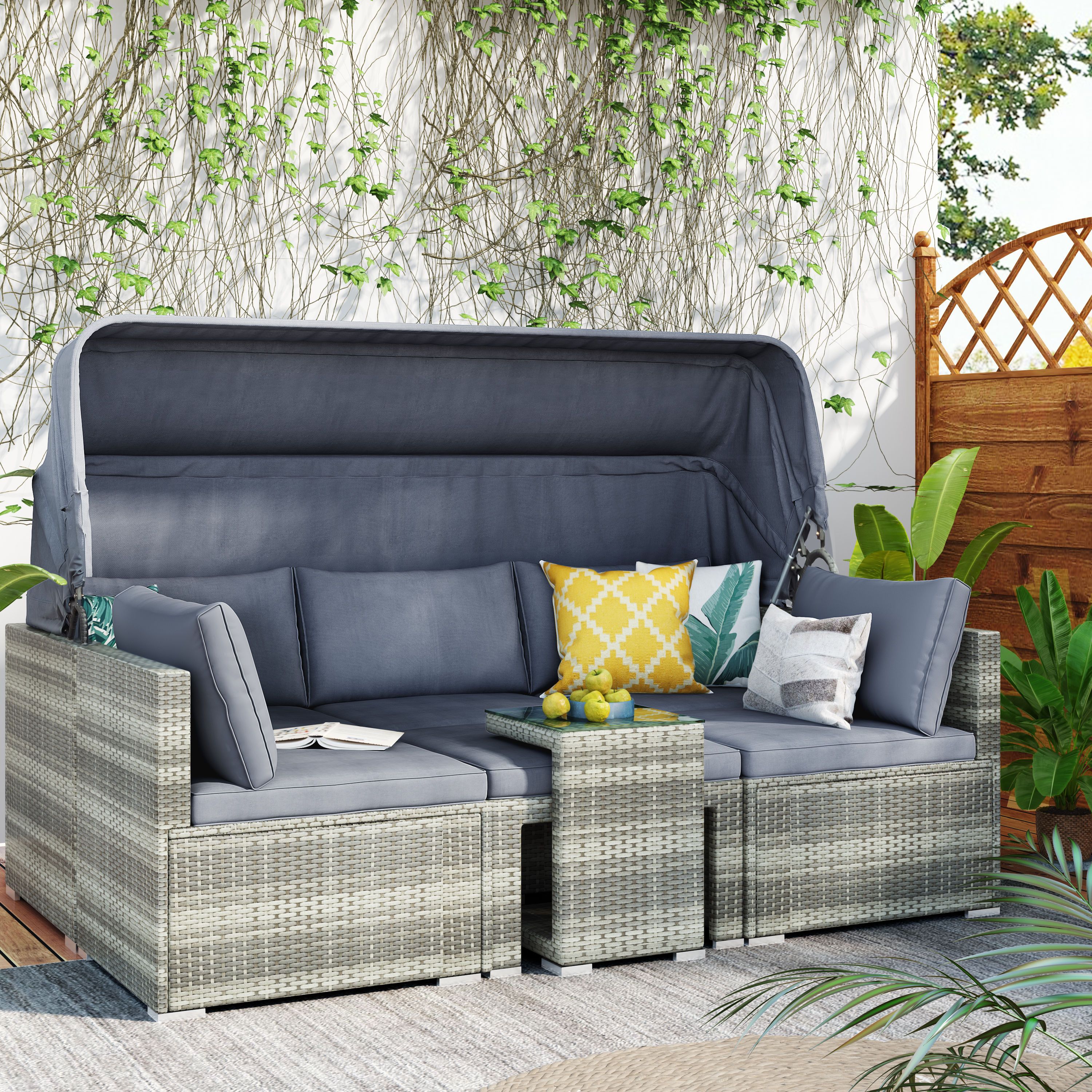 Trendy Clihome 5 Piece Sectional Set 4 Piece Rattan Patio Conversation Set With  Gray Cushions In The Patio Conversation Sets Department At Lowes With Regard To All Weather Rattan Conversation Set (View 9 of 15)