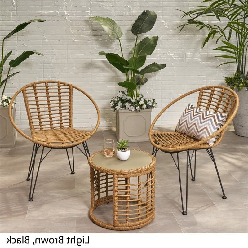 Trendy Noble House Perkins 3 Piece Outdoor Wicker Conversation Set In Light Brown (View 6 of 15)